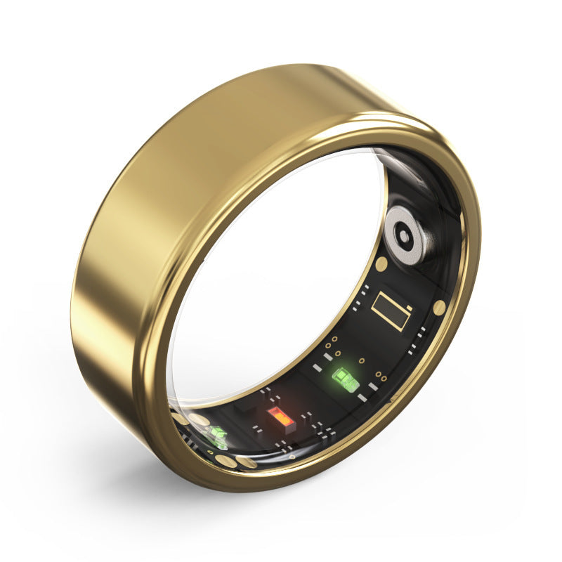 Smart health tracking ring in black, gold, and silver with heart rate, blood oxygen, and sleep analysis features